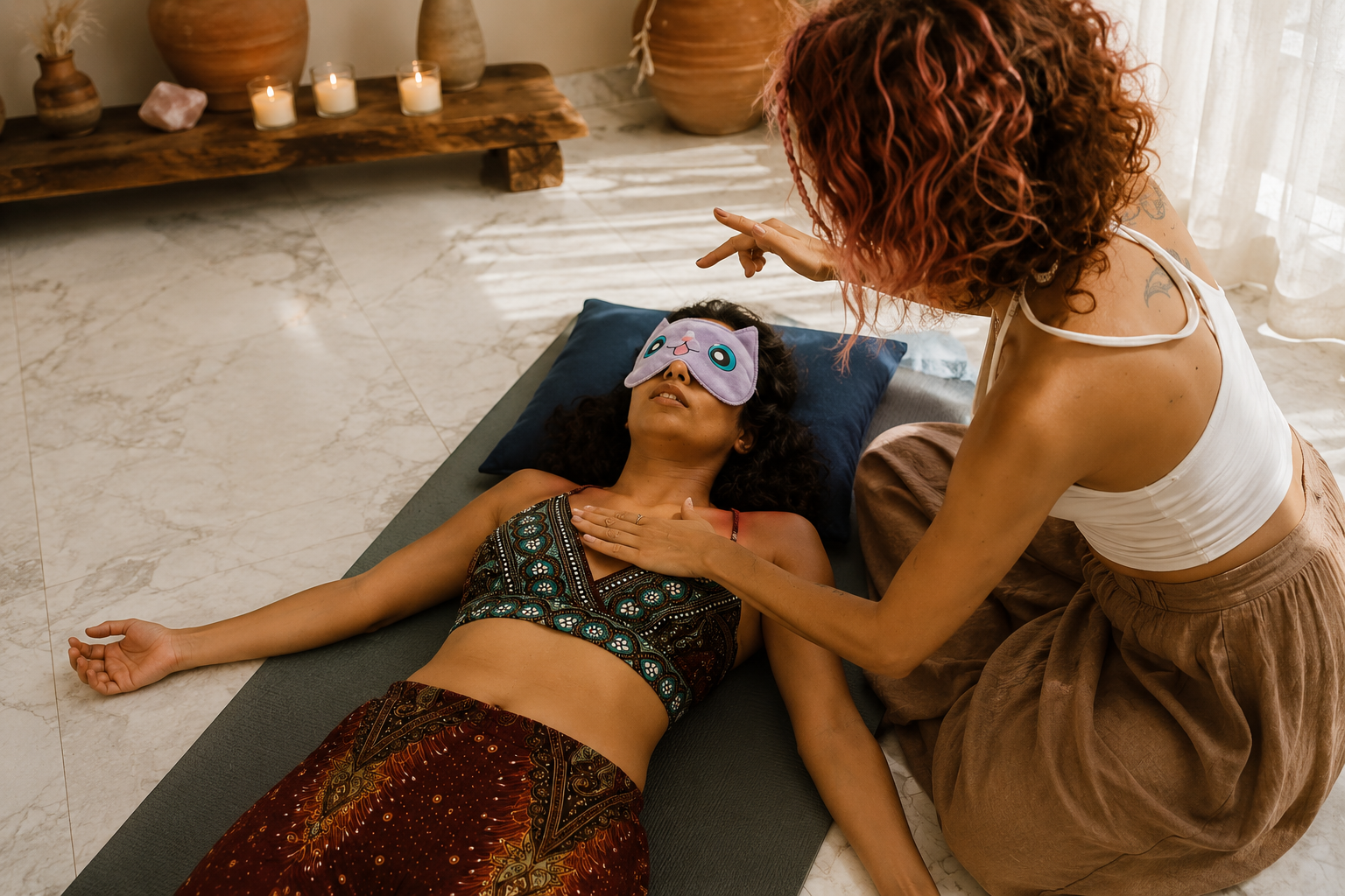 Merve guiding a student through a breathwork session